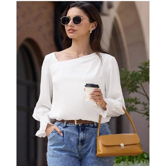 EVALESS Blouses for Women Dressy Casual Pleated Long Sleeve Tops Asymmetrical (M - Picture 2 of 5